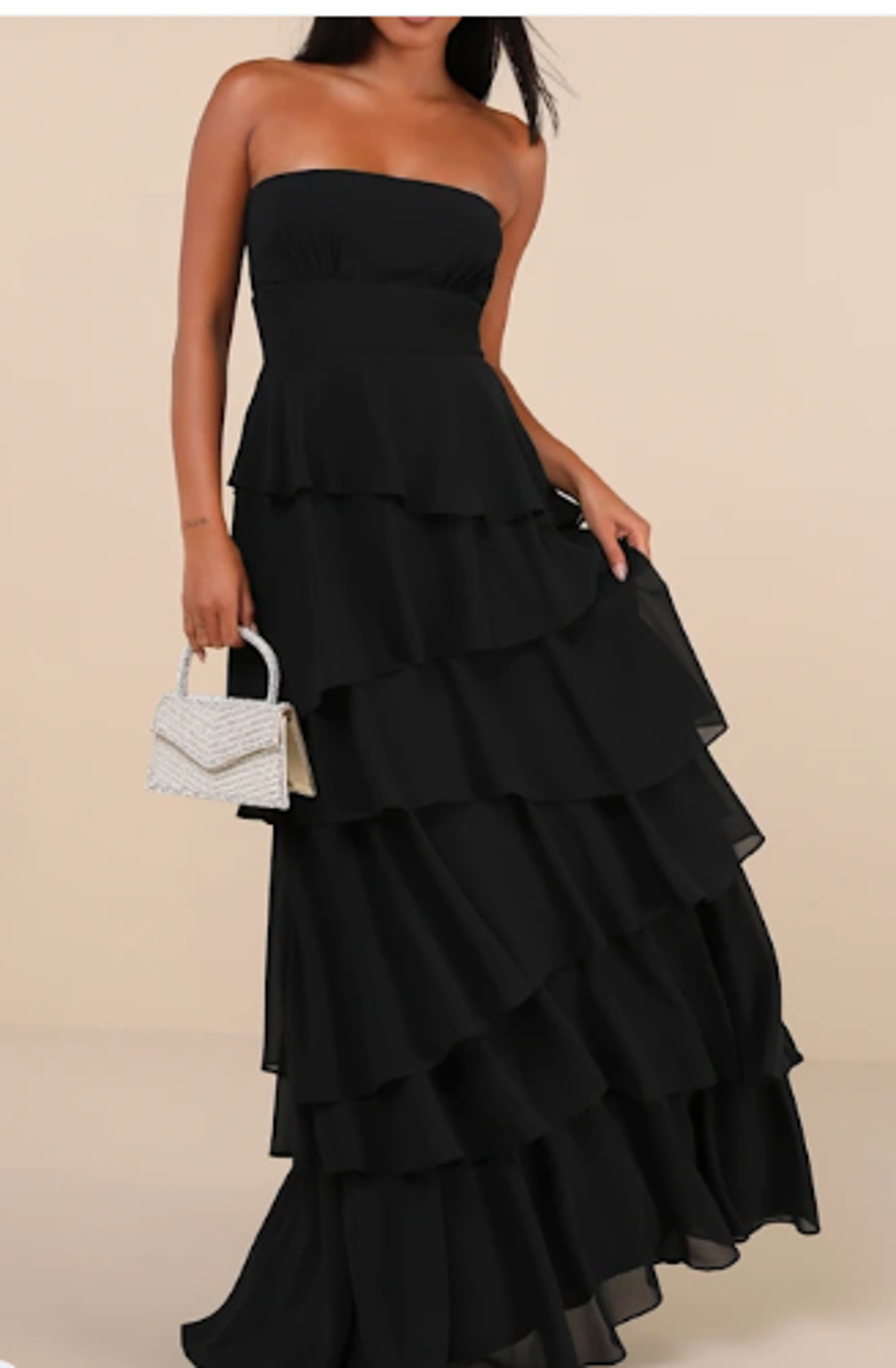 LULU'S SZ XL Gorgeous Essence Black Strapless Tiered Cocktail Maxi Dress b55